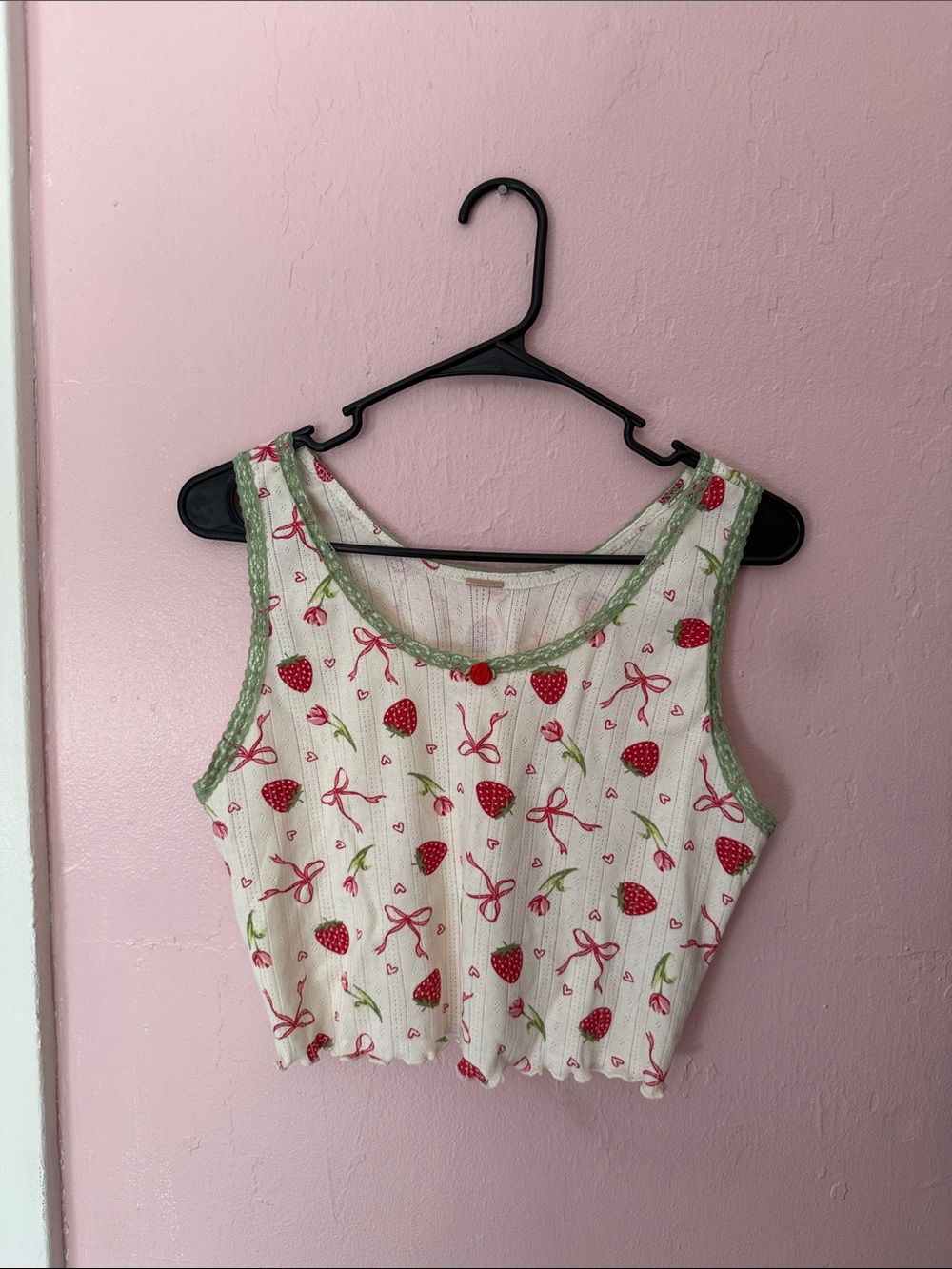 White Strawberry Print Tank Top with Green Trim